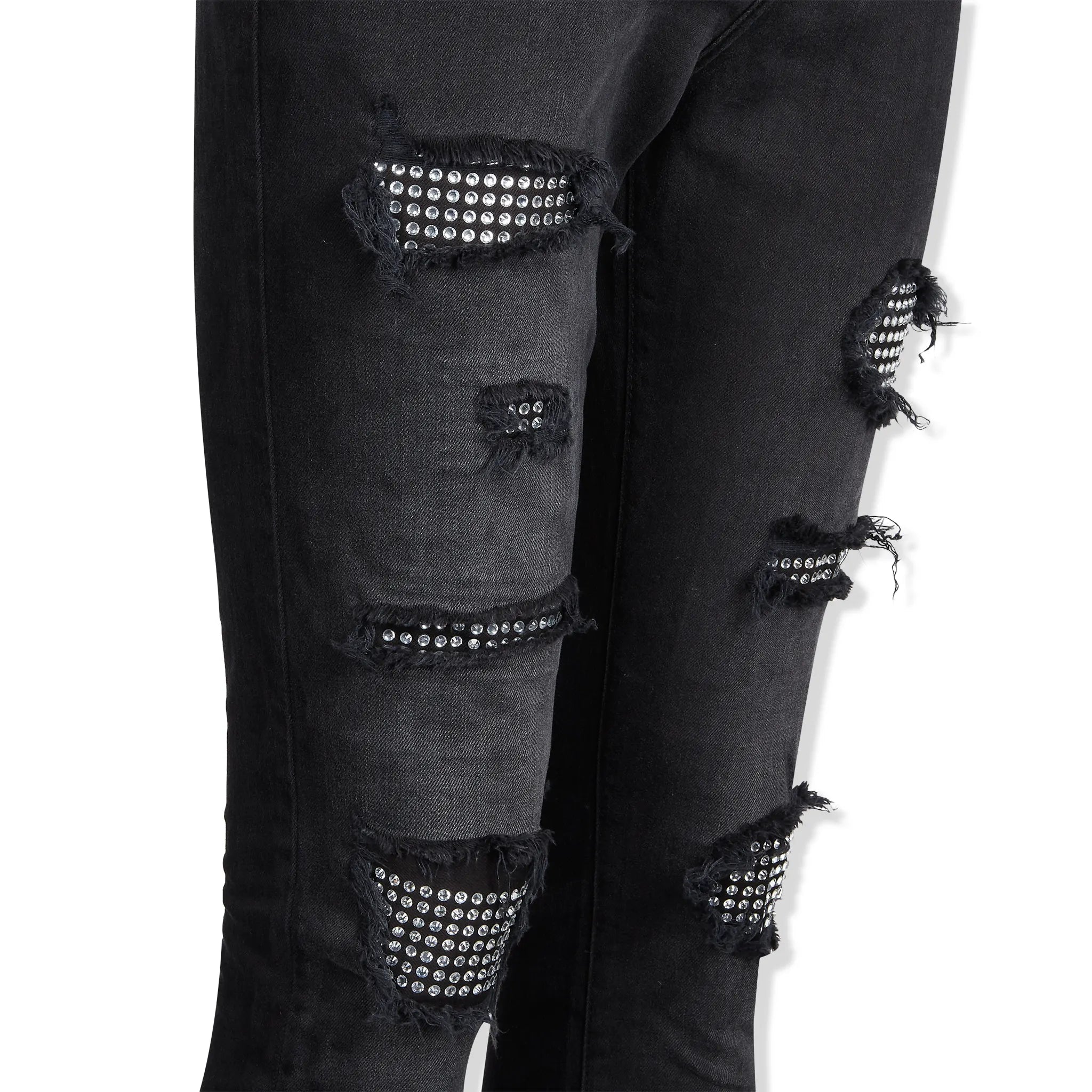 Leg view of Lusso Destroyed Diamanté Washed Black Denim Jeans